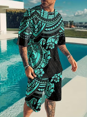 Ethnic Style Mens 2 Piece Outfits T-shirt and Shorts Set