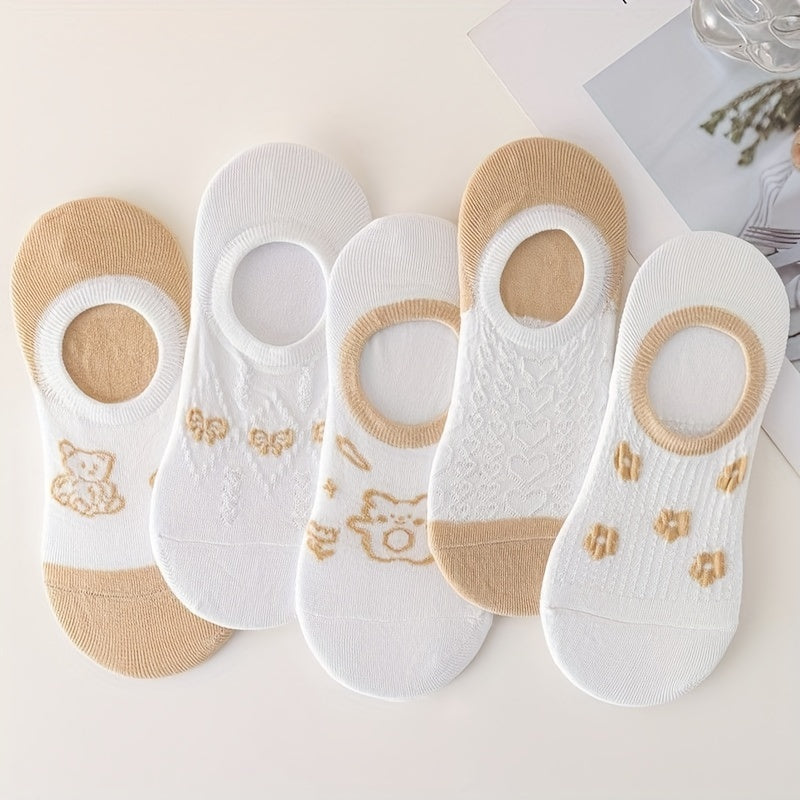 5 Pairs Heart & Bear Print Ankle Socks Women's Stockings