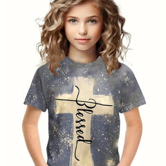Breathable Cross & Letter Print Short Sleeve T shirt Girls Spring Summer Gift