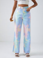 Tie Dye Straight Jeans Raw Cut Loose Fit Denim Pants