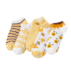 5 Pairs Bee Print Ankle Socks Breathable & Comfy Women's Stockings
