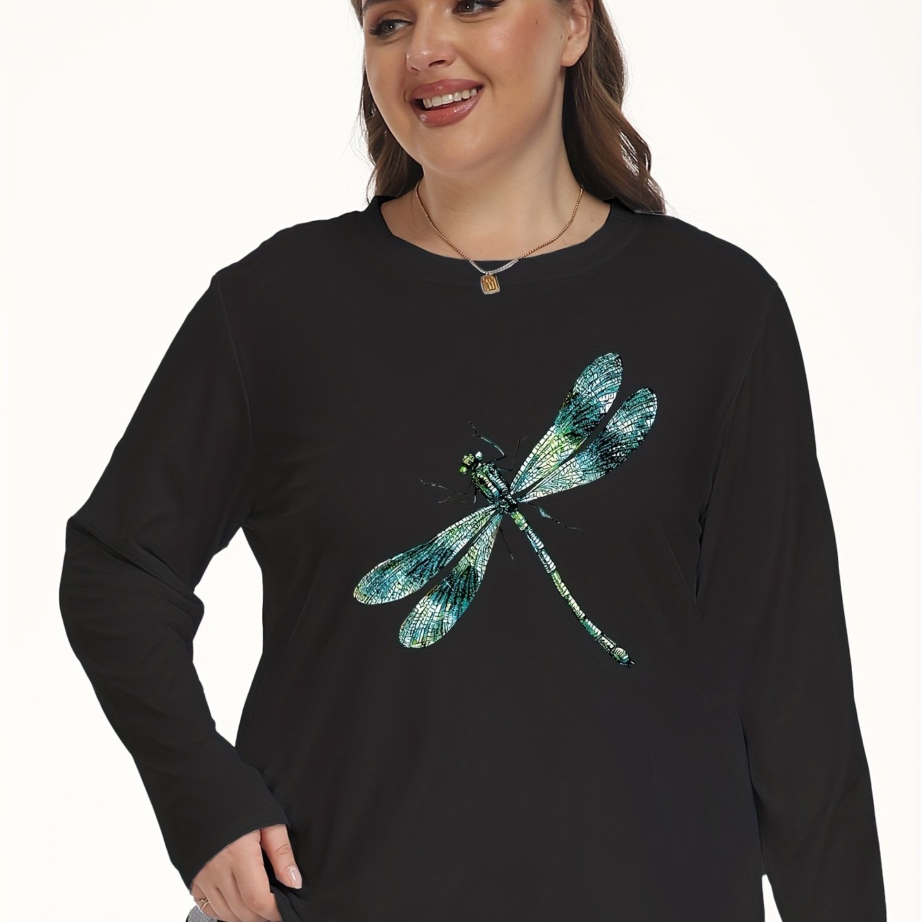 Dragonfly Print Plus Size Long Sleeve Pajama Top