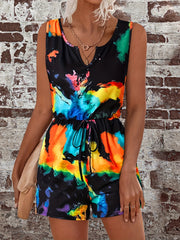 Tie Dye Drawstring Waist Romper Jumpsuit Casual Sleeveless