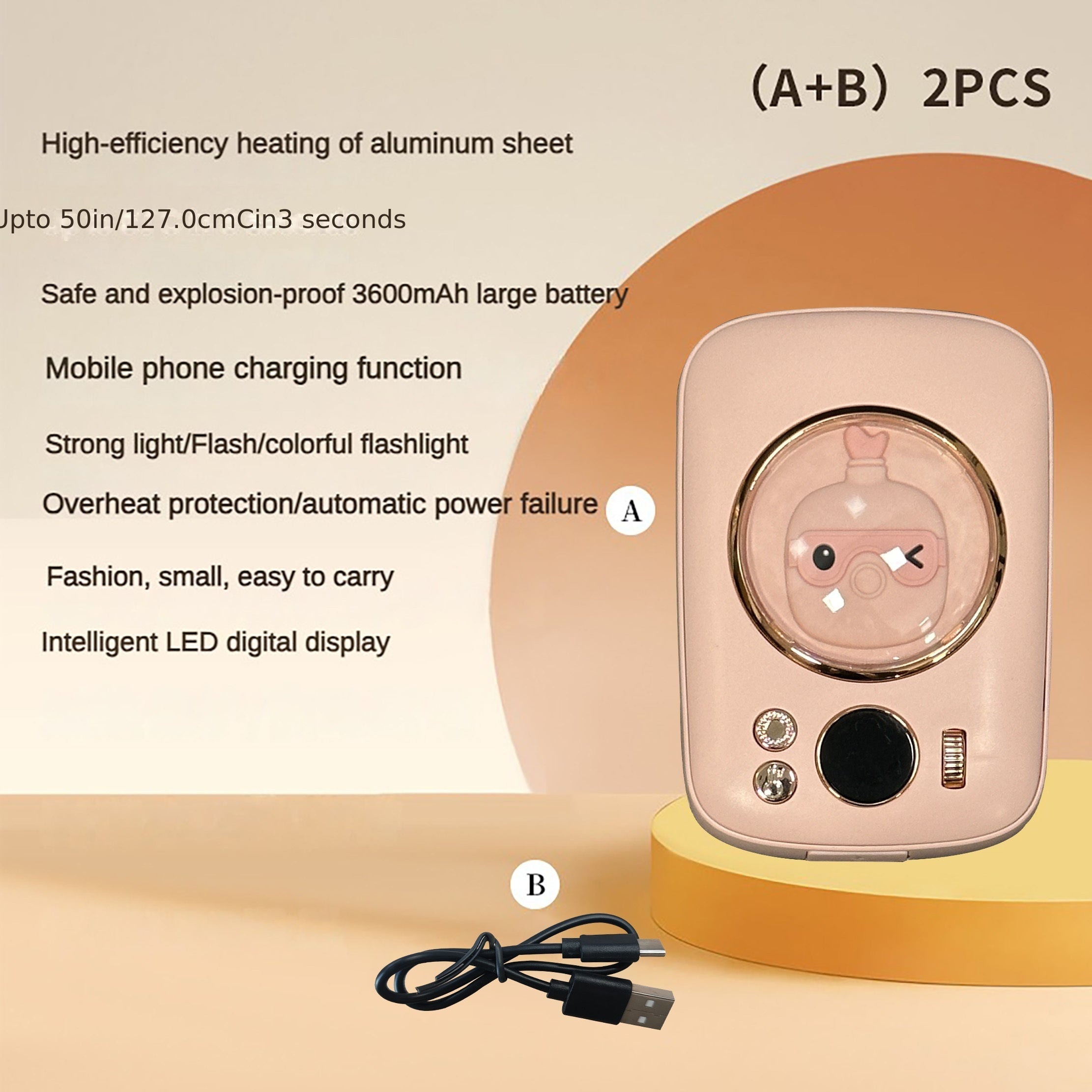 3600mAh Portable Mini Heater with Dazzling Light & USB Charging