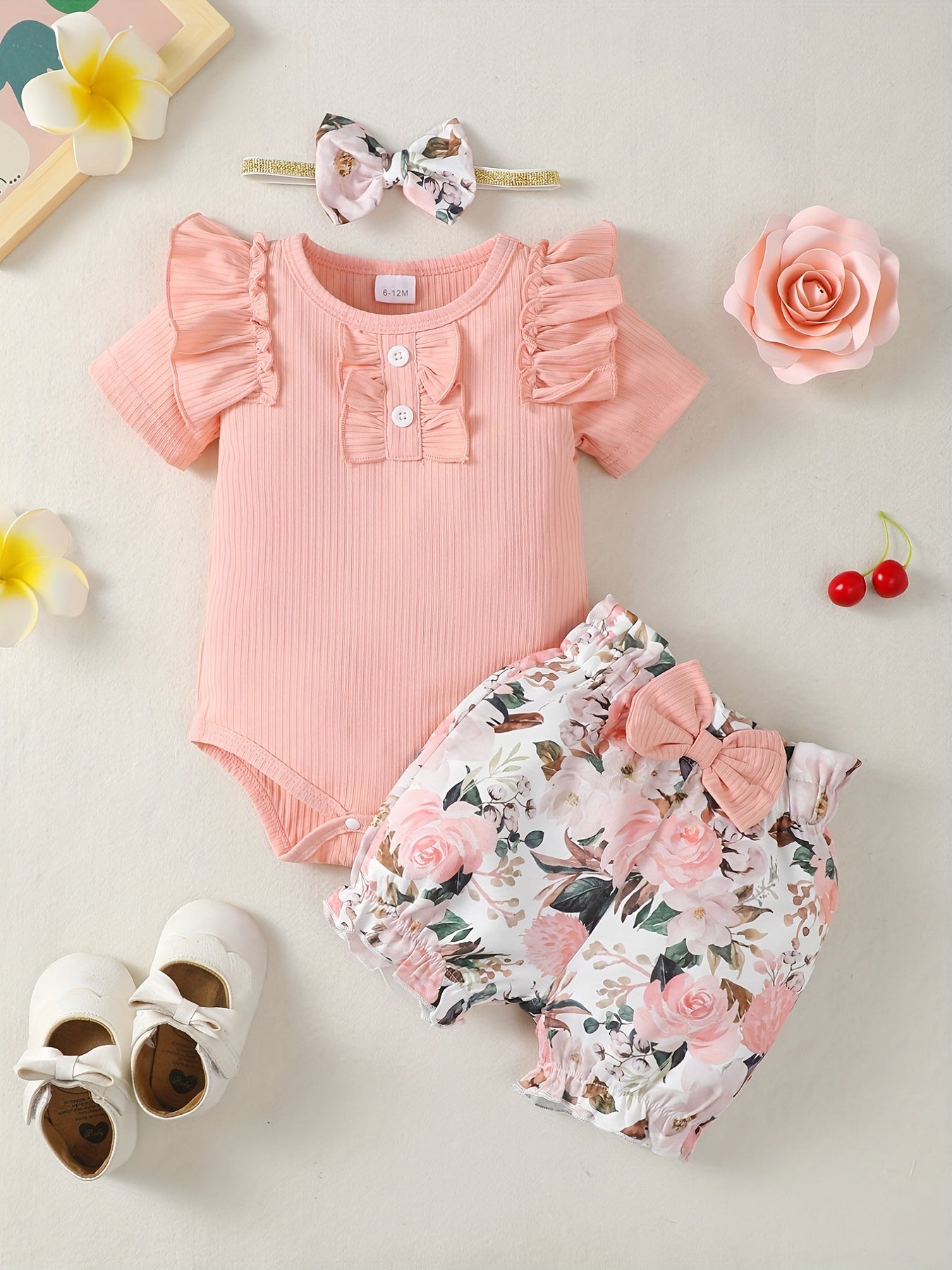 3pcs Baby Infant Girls Casual Onesie & Floral Shorts Set