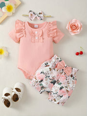 3pcs Baby Infant Girls Casual Onesie & Floral Shorts Set
