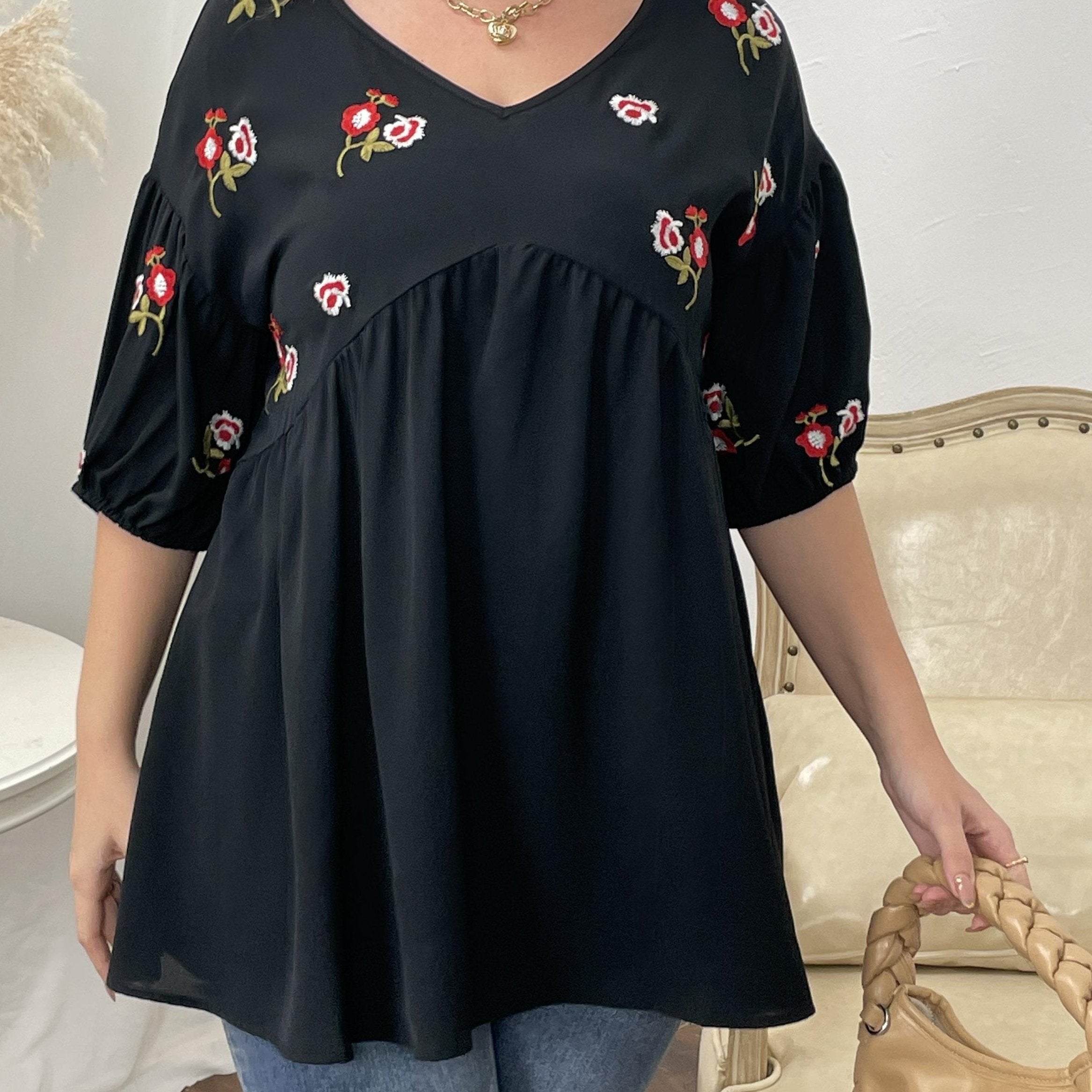 Floral Print V Neck Half Sleeve Peplum Blouse Women's Plus Casual Loose Fit Tops