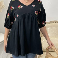 Floral Print V Neck Half Sleeve Peplum Blouse Women's Plus Casual Loose Fit Tops
