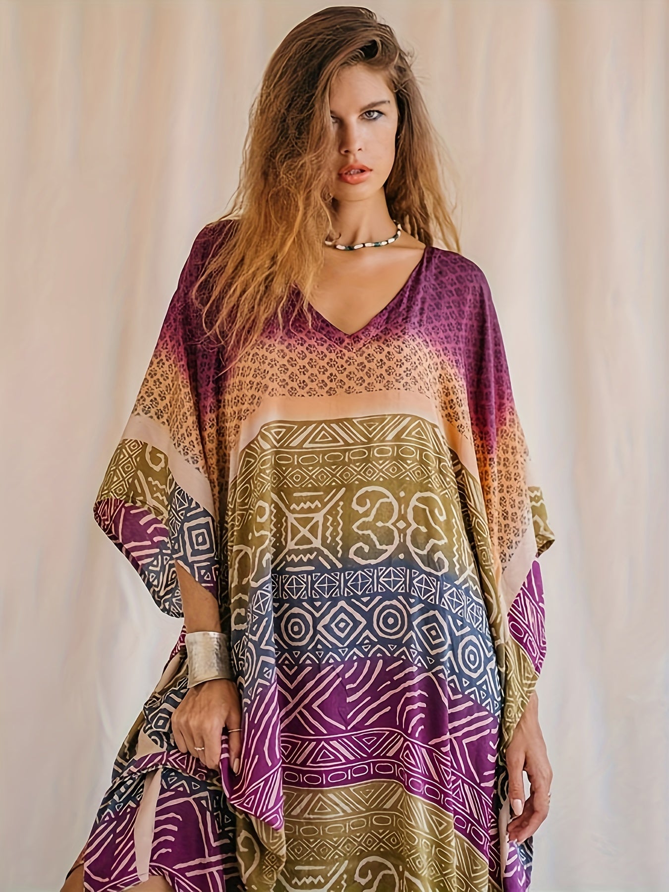 Boho Kimono Women's Plus Tribal Print Batwing Sleeve Split Maxi Cover