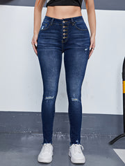 Ripped High Rise Skinny Jeans with Fringe Trim