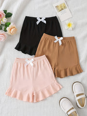 3pcs Girls Bowtie Ruffle Bottom Elastic Waist Shorts for Spring Summer