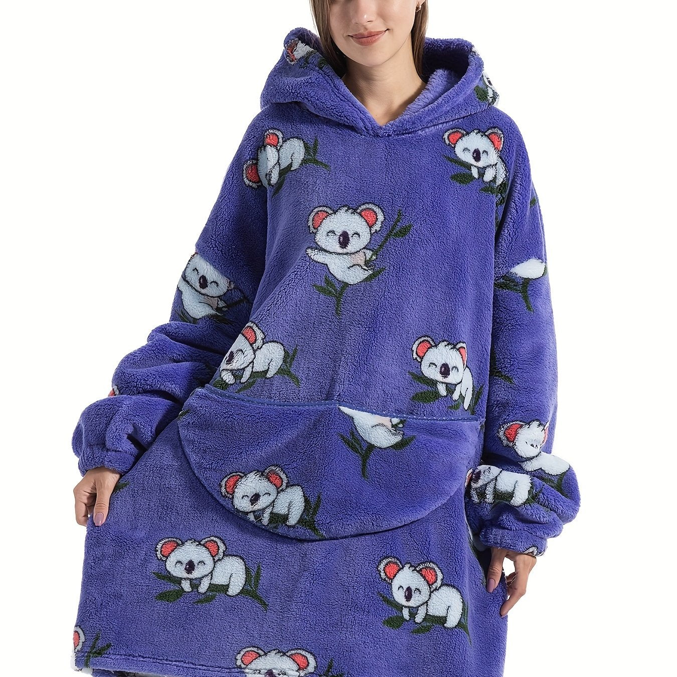 Women's Cartoon Koala Pattern Fleece Hooded Robe