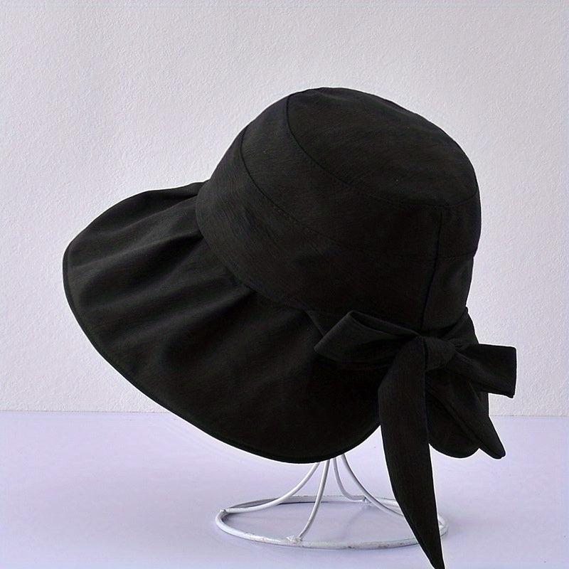 Bowknot Pleated Bucket Hat Wide Brim Sunscreen Beach Hat For Women