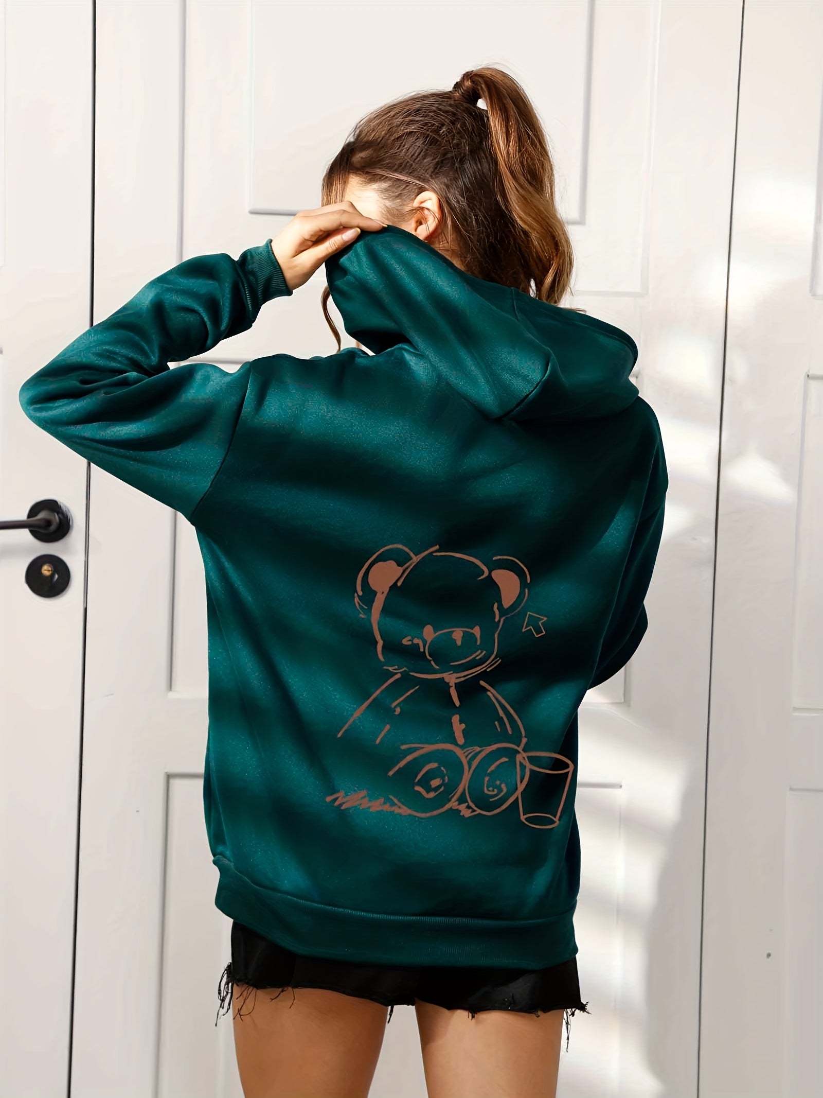 Casual Long Sleeve Bear Graphic Hoodie Women's Tops