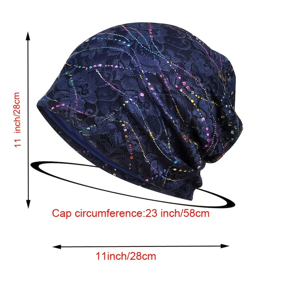 Hotfix Rhinestone Embossed Lace Beanie Hat Solid Skull Cap