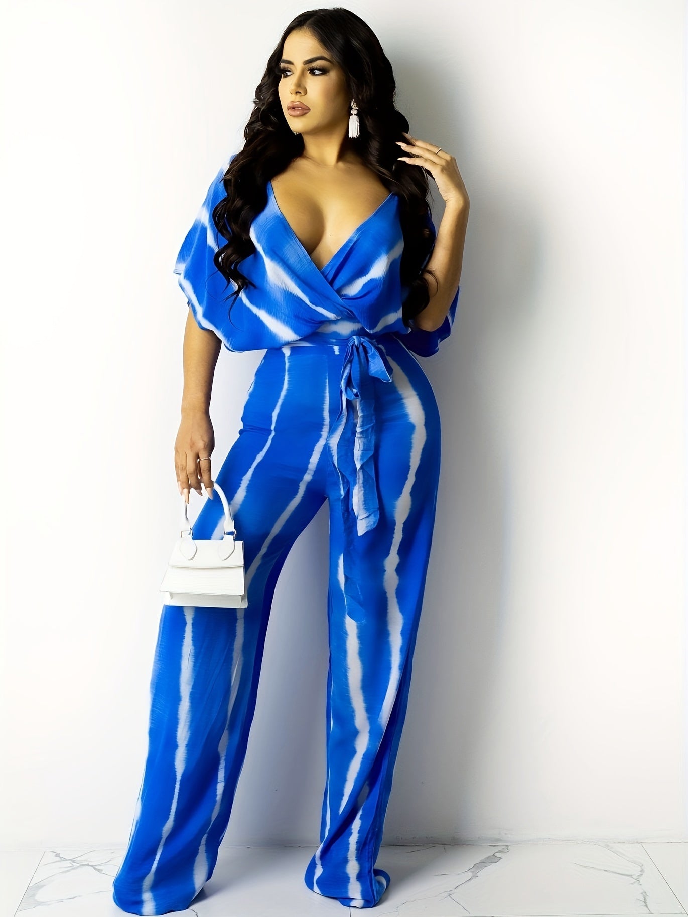 Tie Dye Batwing Sleeve V Neck Top & Wide Leg Pants Set