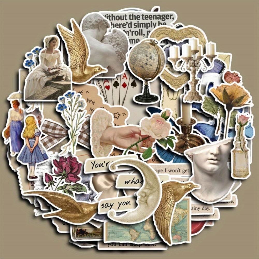 Vintage Inspired Stickers 50 Pieces Artistic Expression Ages 14+ Reusable Shapes