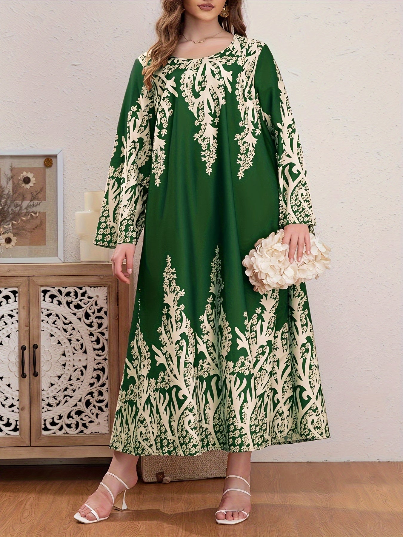 Casual Abaya Dress Women's Plus Floral Print Long Sleeve