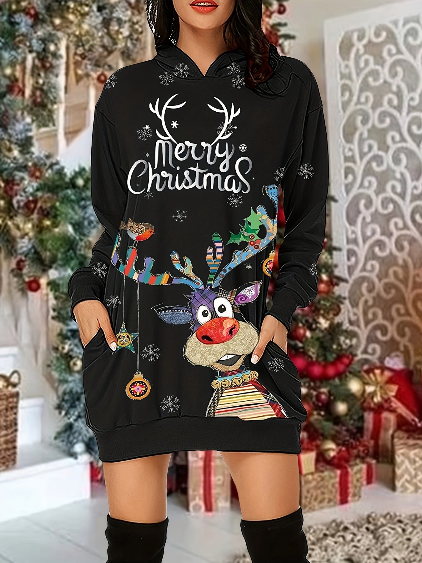 Christmas Snowflake & Elk Hooded Dress
