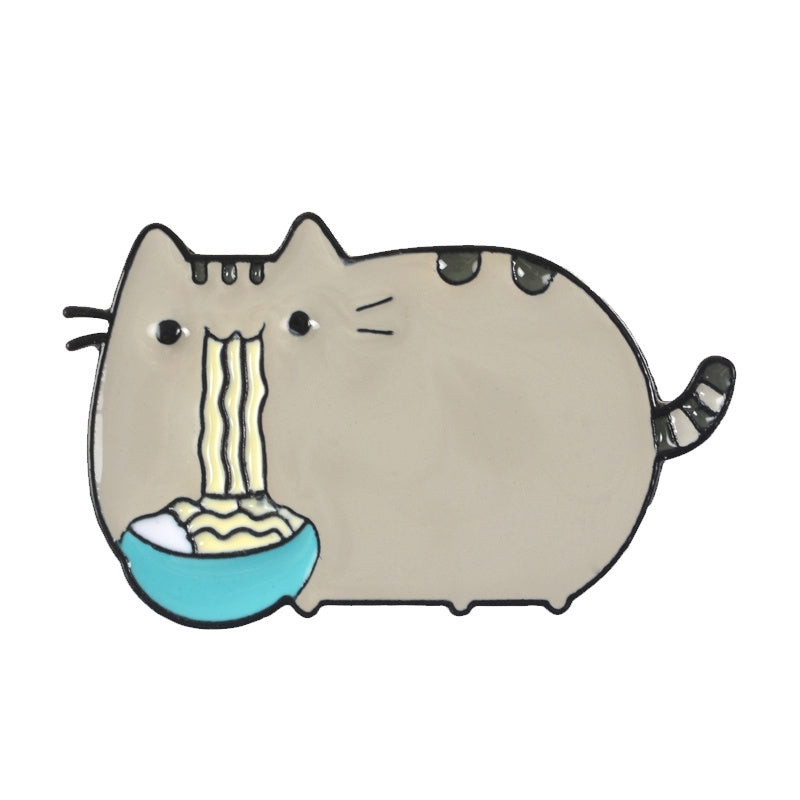 Cute Gray Cat Eating Noodle Brooch