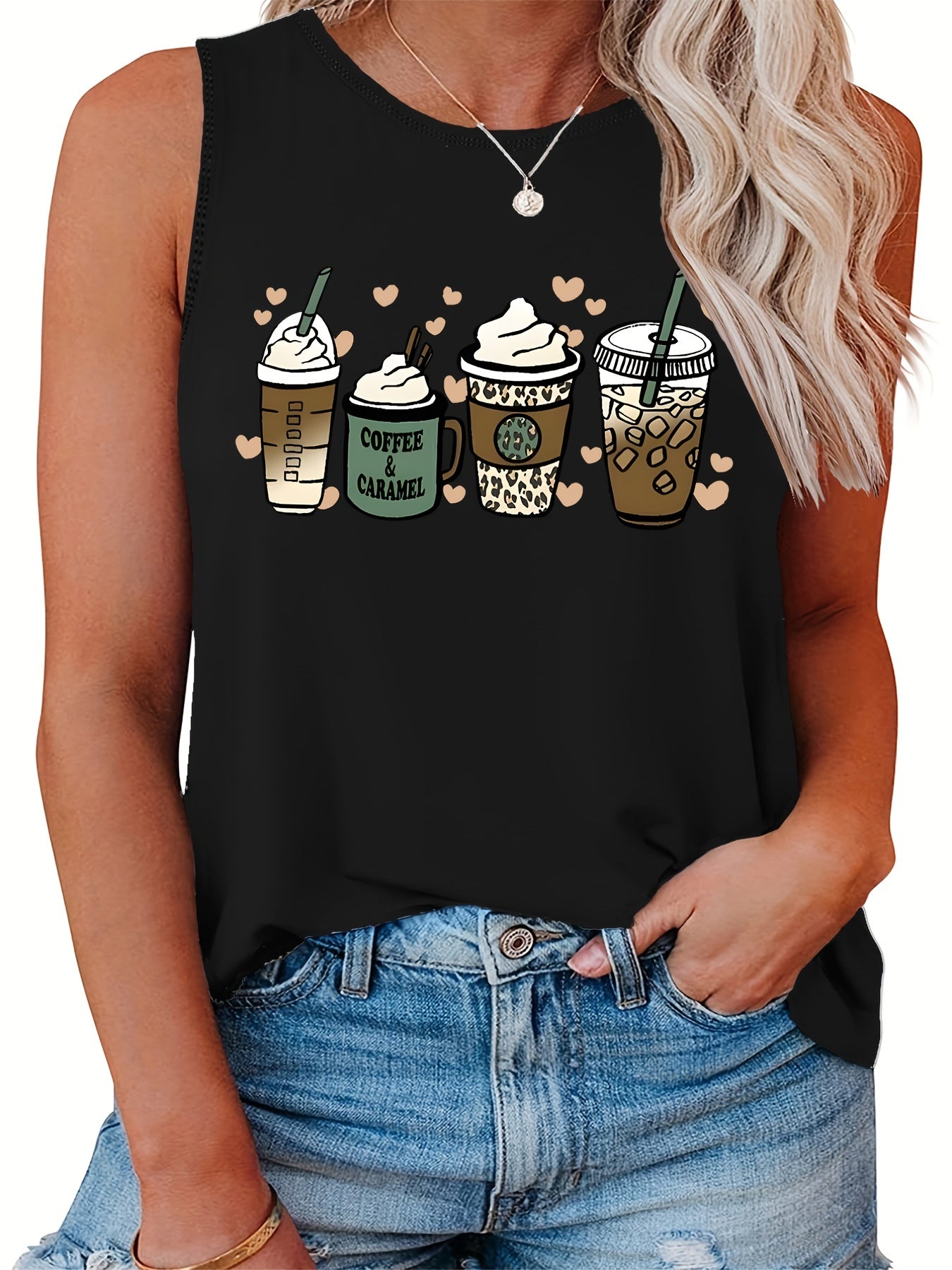 Coffee & Heart Print Tank Top