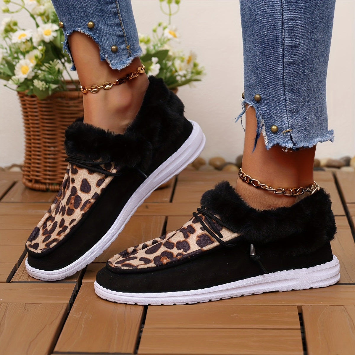 Leopard Slip On Low Top Round Toe Lace Up Casual Shoes