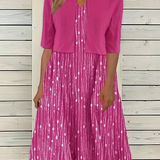 Plus Dot & Stripe Print V Neck Cami Dress & Cardigan Outfit Set