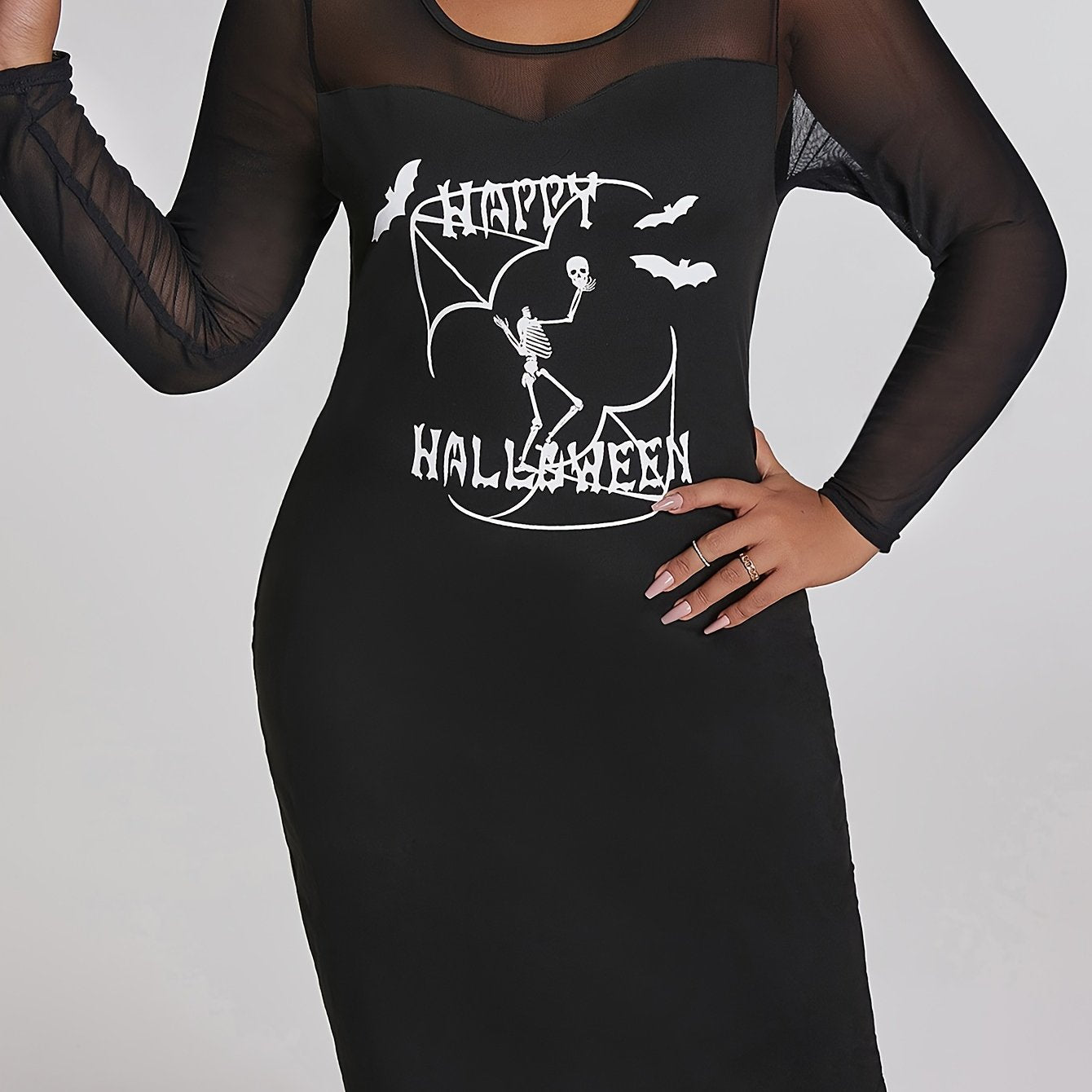 Halloween Party Dress Women's Plus Skull & Bat Print Mesh Dress