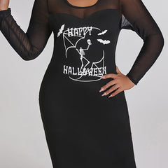 Halloween Party Dress Women's Plus Skull & Bat Print Mesh Dress