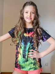 Tie Dye Wolf Graphic Short Sleeve T-shirt Loose Fit Breathable Pullover