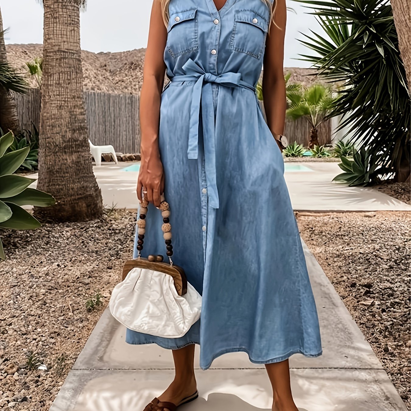 Sleeveless Lapel Denim Dress Single Breasted Button