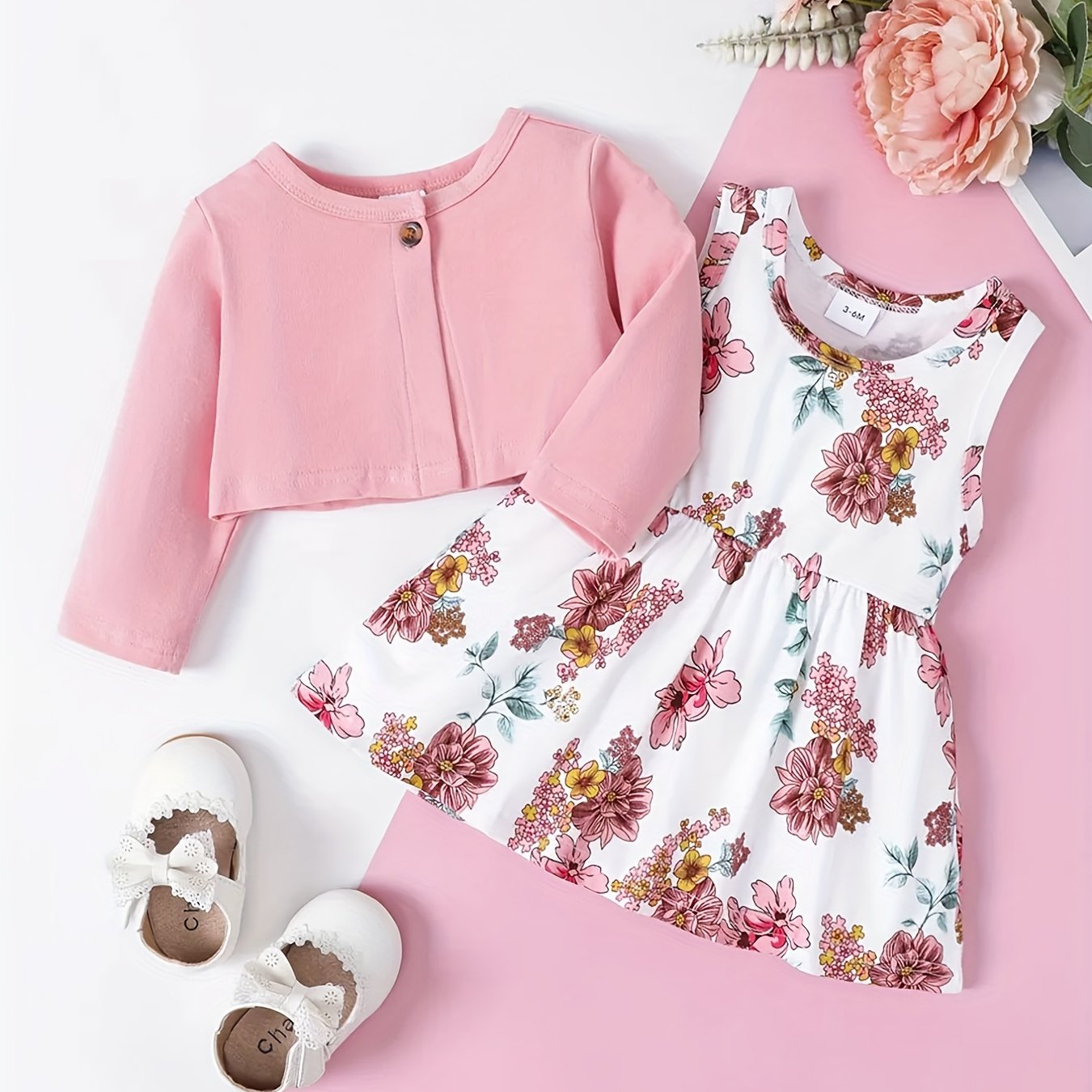 Baby Girl's Floral Print Pleated Sleeveless Dress Set