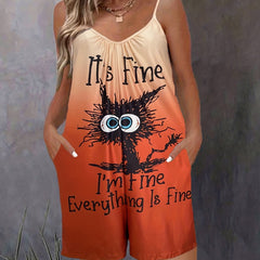 Ombre & Cat Print V Neck Cami Romper