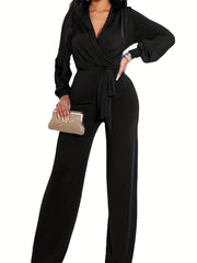 Surplice Neck Belted Wide Leg Jumpsuit Long Sleeve Jumpsuit
