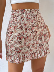 Floral Print Shirred Mini Skirt with Ruffle Trim
