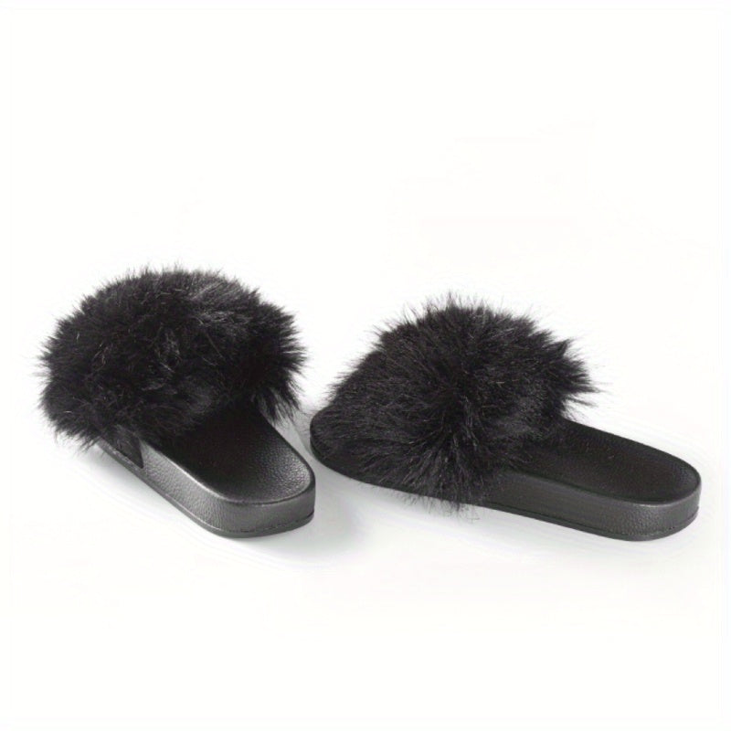 Faux Fur Decor Slippers Casual Slip On Flat Home Shoes