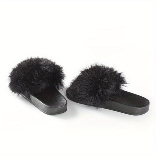 Faux Fur Decor Slippers Casual Slip On Flat Home Shoes