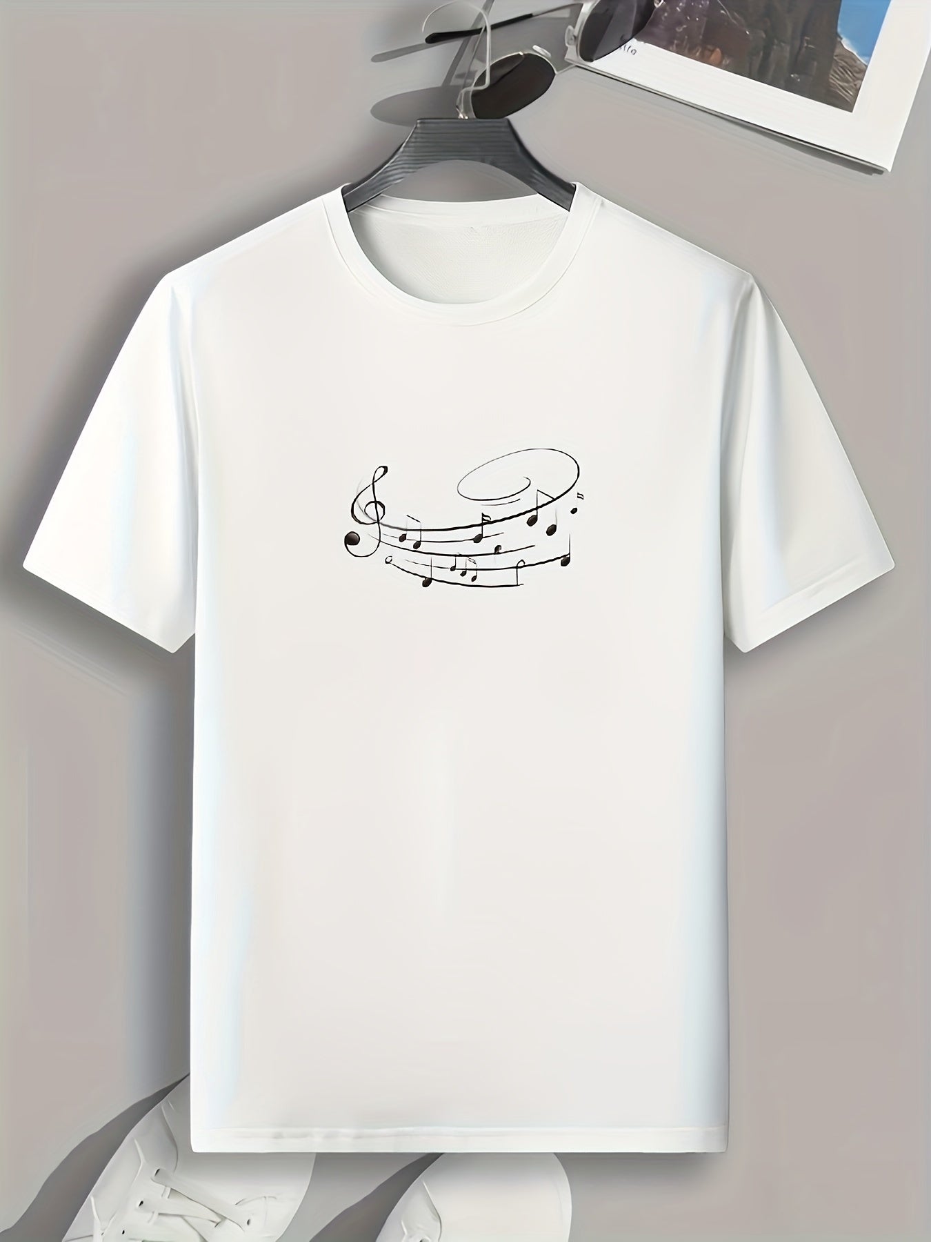 Music Note Print Men's Comfy T shirt Active Slightly Stretch