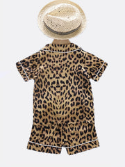 Kid's Leopard Satin Pajamas 2pcs Short Sleeve Top & Shorts Set