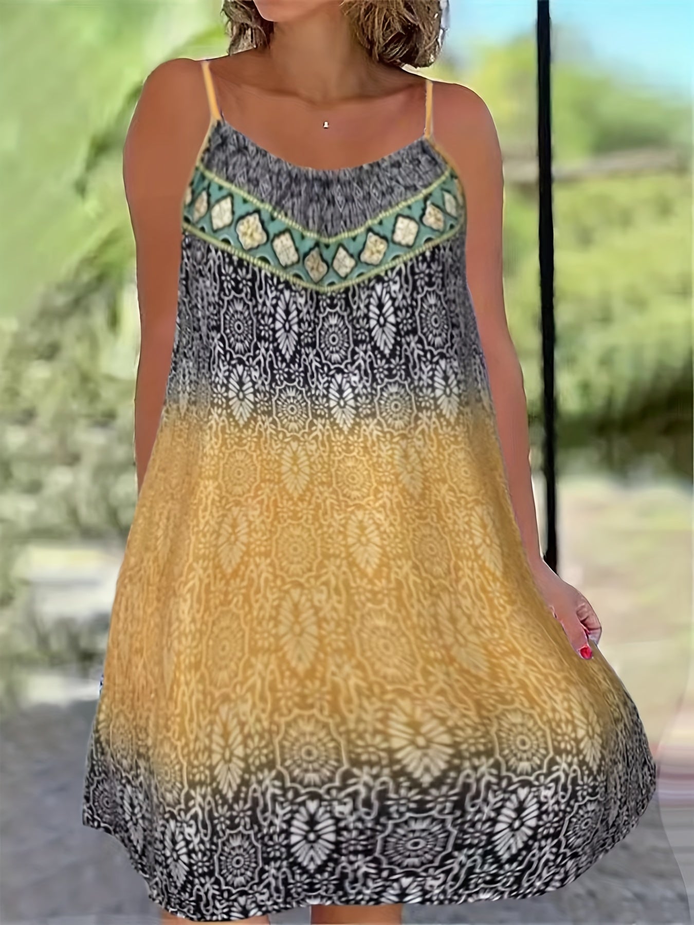 Plus Size Retro Dress Women's Plus Tile Print Halter Neck Slight Stretch Dress