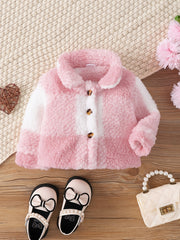 Baby Girls Plaid Lapel Long Sleeve Fleece Coat