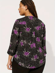 Women's Floral & Spider Web Print Button Up Long Sleeve V Neck Shirt