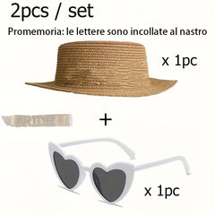 Beige Brown Bride Straw Hat and Heart-Shaped Frame Glasses Set