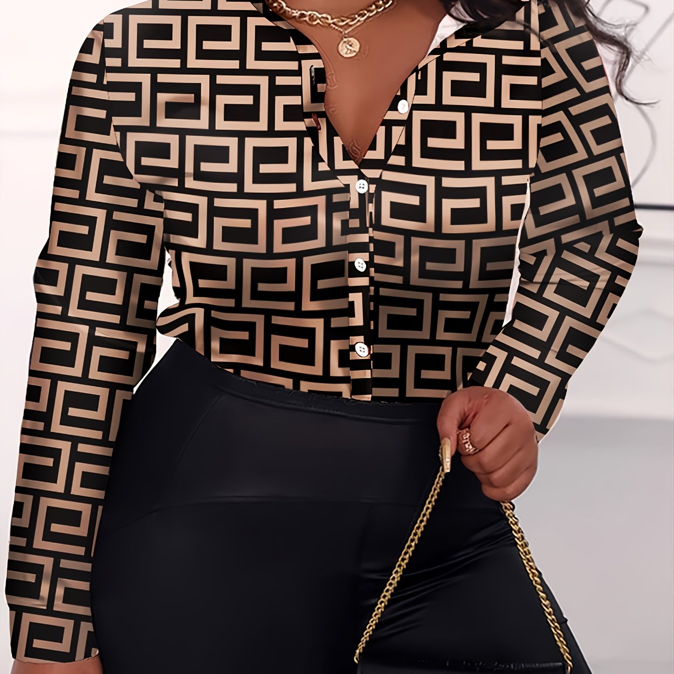 Geometric Print Button Up Blouse
