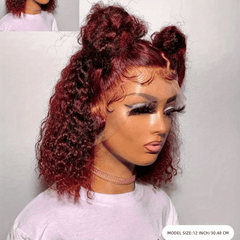 Burgundy Short Curly Bob Human Hair Wigs 180 Density Lace Frontal Wigs