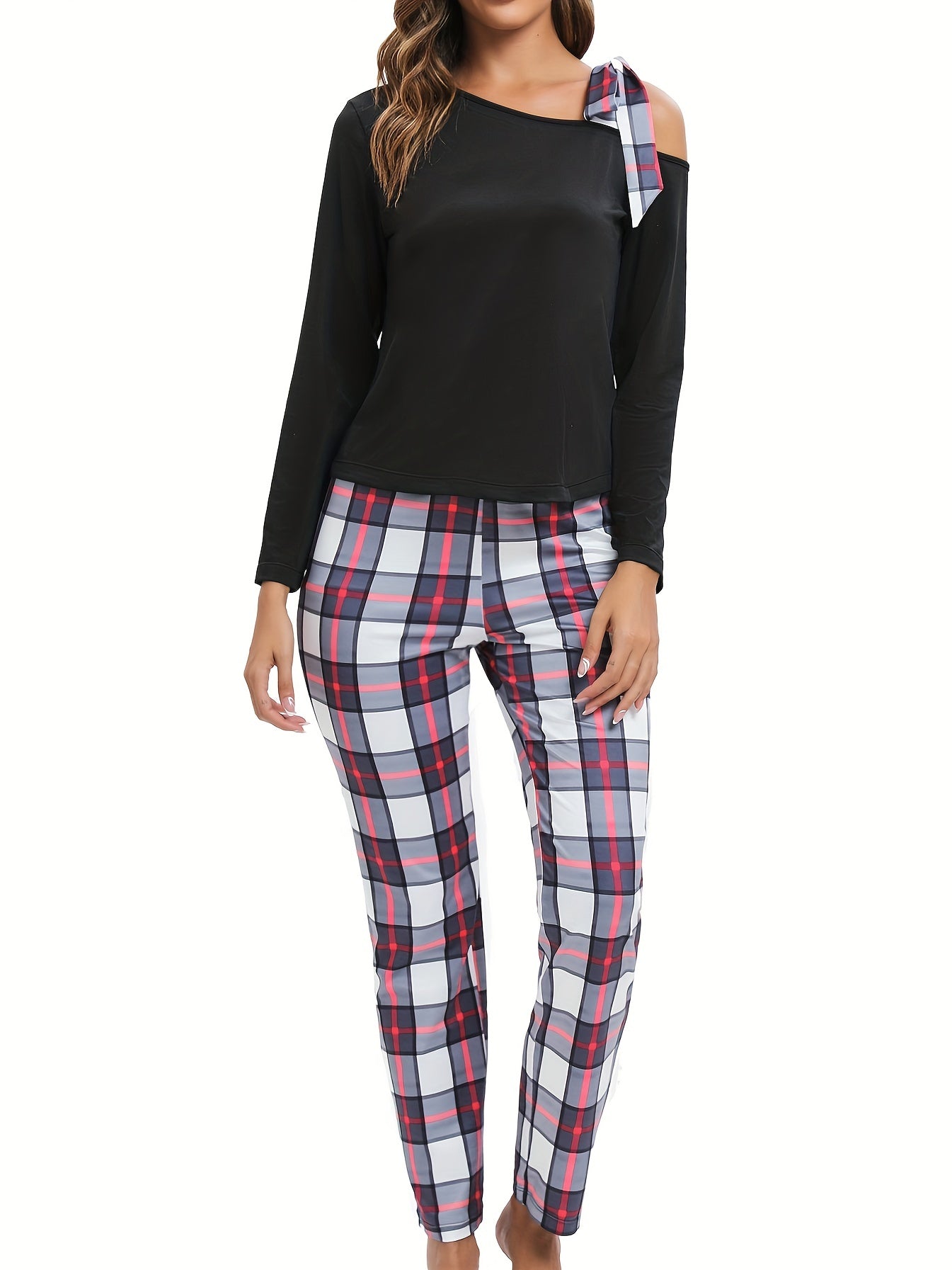Plaid Print Lounge Set Off Shoulder Top & Pants Women's Loungewear