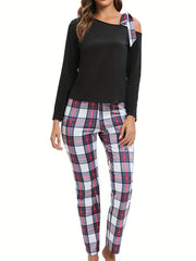 Plaid Print Lounge Set Off Shoulder Top & Pants Women's Loungewear