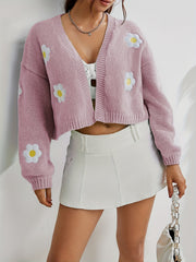 Y2K Floral Embroidered Knit Cardigan Open Front Long Sleeve Cropped Sweater