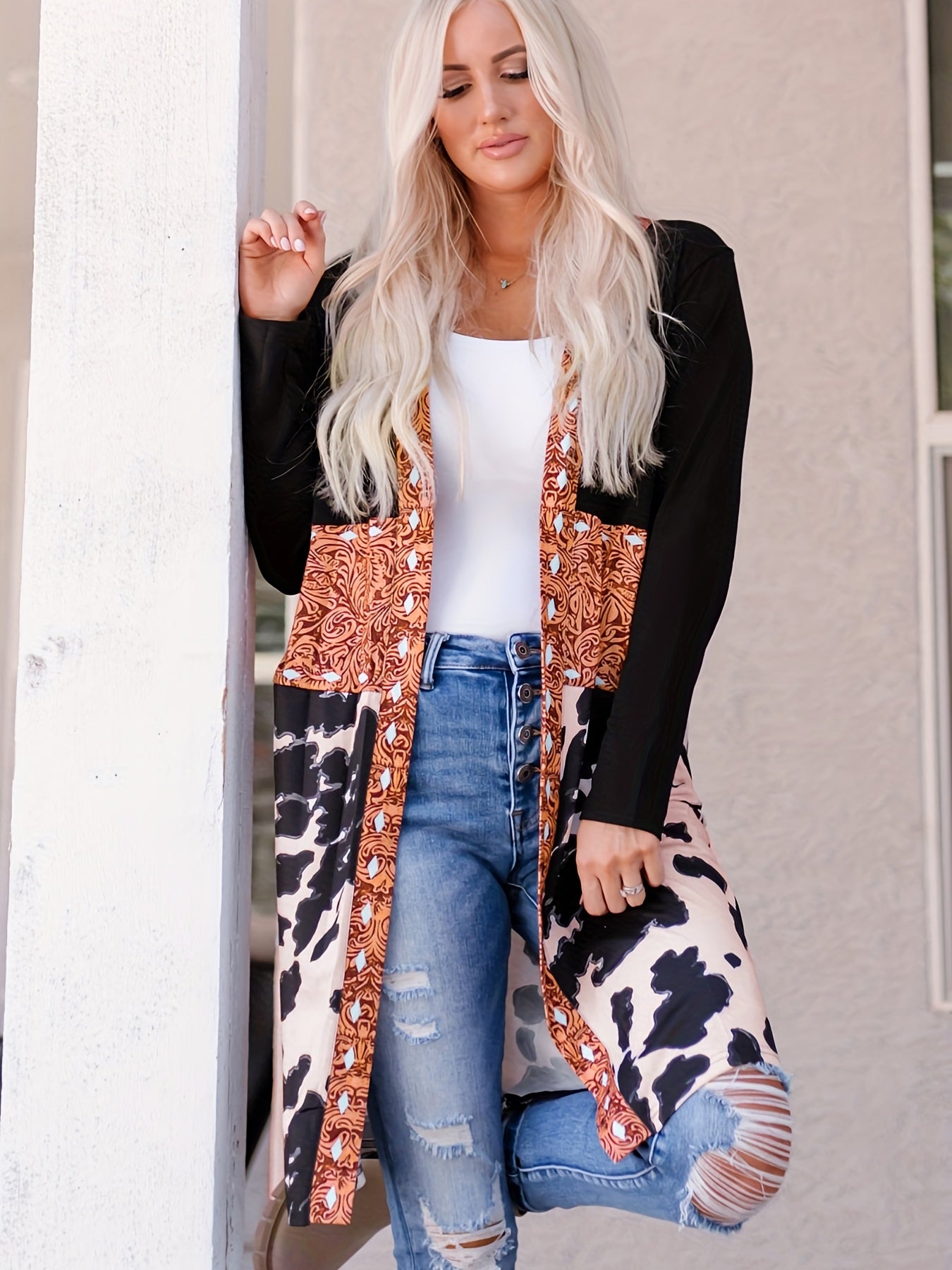 Cow Print Patchwork Open Front Jacket