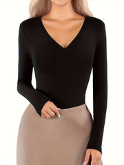 Long Sleeve Shaping Bodysuit V Neck Tummy Control Slimming Body Shaper